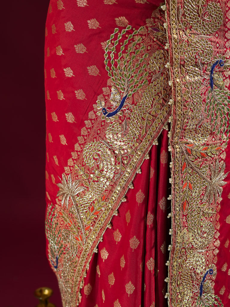 Red Special Banarasi Katan Silk Saree with Gotapatti Zardozi Handwork