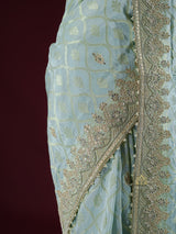Ocean green Zardozi Handwork Munga Banarasi SIlk Saree