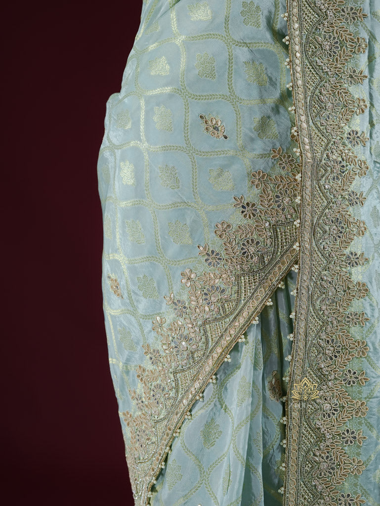 Ocean green Zardozi Handwork Munga Banarasi SIlk Saree