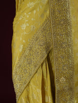 Lemon Yellow Zardozi Handwork Zari Tissue Silk Saree
