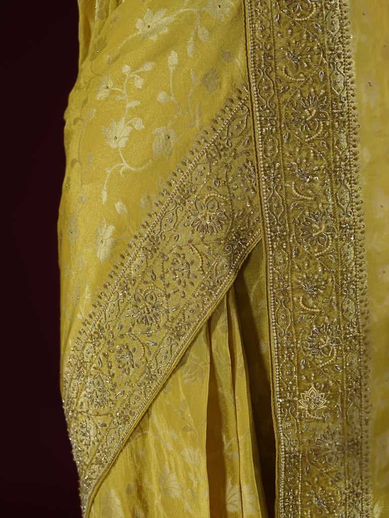 Lemon Yellow Zardozi Handwork Zari Tissue Silk Saree
