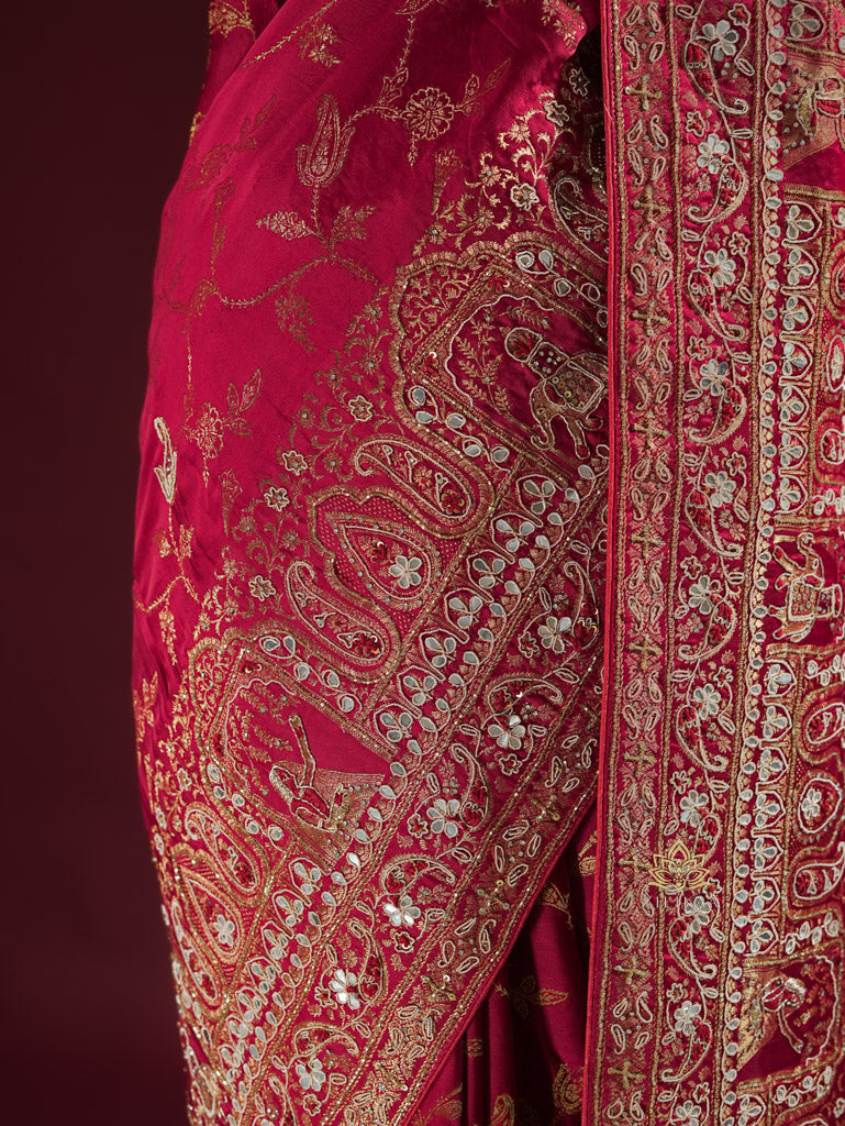Calcutta Red Zardozi Handwork Mulberry Banarasi Silk Saree