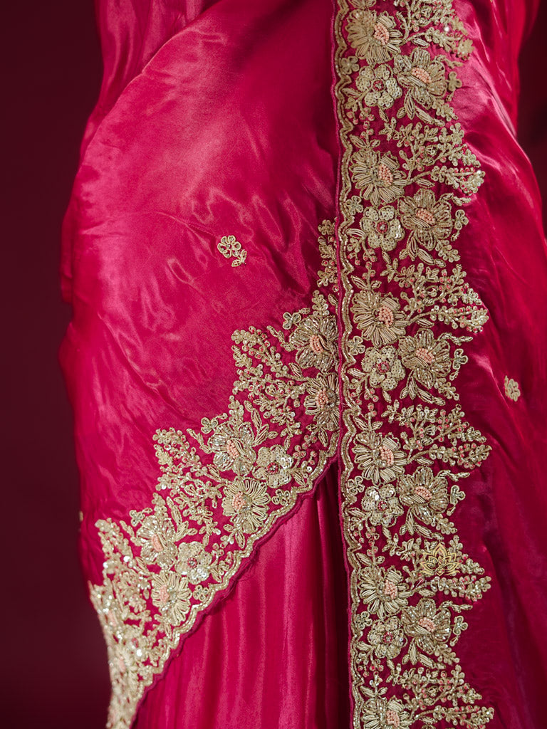 Queen Pink Mulberry Silk Saree With Zardozi Scalloped Border
