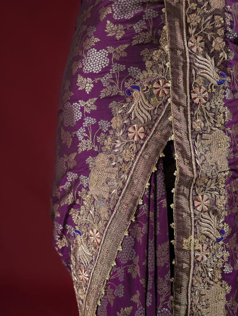 Plum Wine Banarasi Katan Silk Saree with Zardozi Handwork