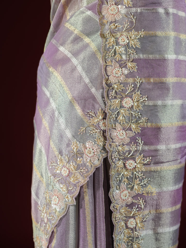 Lilac Purple Designer Hand Embroidery Rangkat Kanchi Tissue Silk Saree