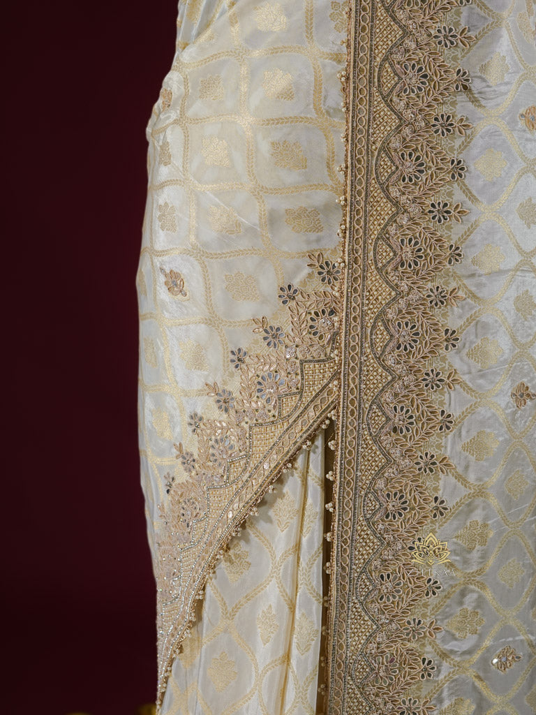 Ivory Special Zardozi Handwork Munga Banarasi Silk Saree