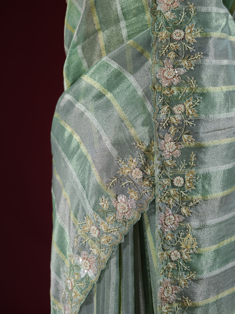 Fern Green Designer Hand Embroidery Rangkat Kanchi Tissue Silk Saree