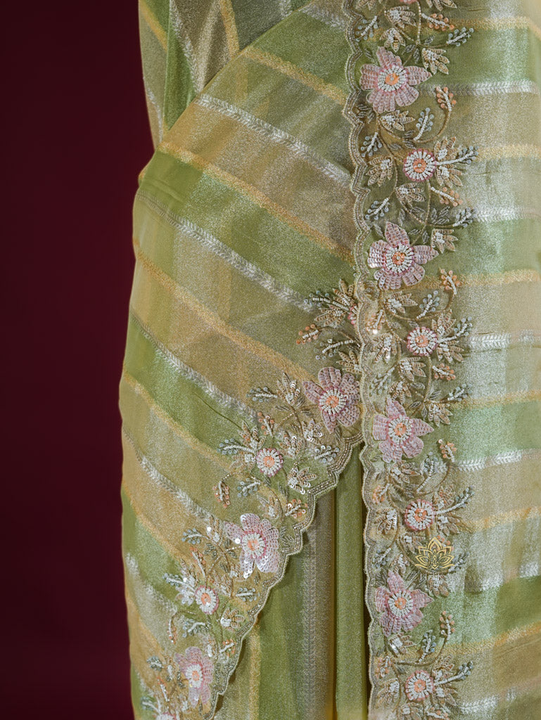 Parrot Green Designer Hand Embroidery Rangkat Kanchi Tissue Silk Saree