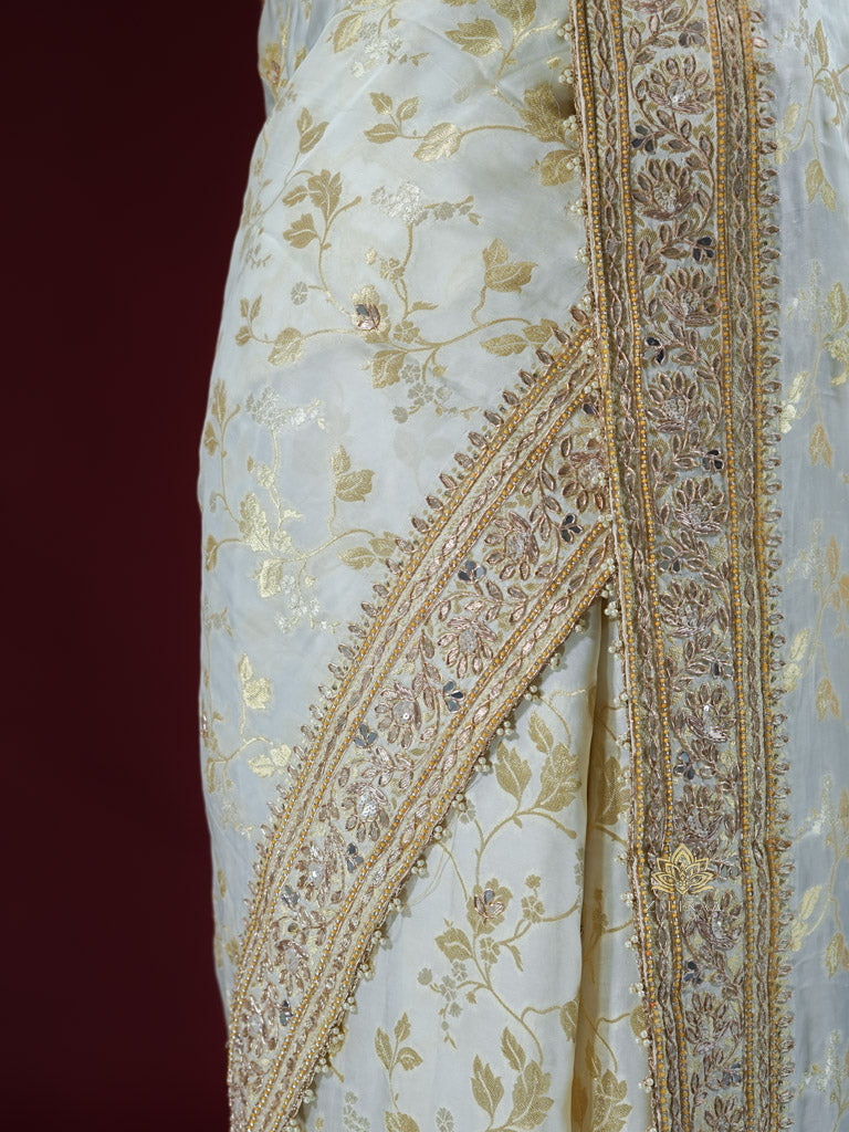 Ivory Special Zardozi Handwork Mulberry Banarasi Silk Saree