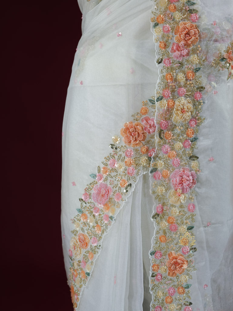 Pearl White Hand embroidery Organza Silk Saree