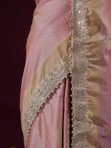 Baby Pink Gotapatti Hand Embroidery Tanchoi Silk Saree