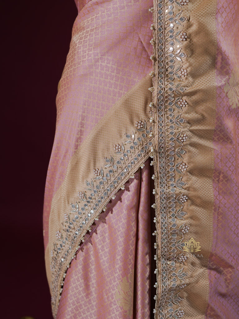 Baby Pink Gotapatti Hand Embroidery Tanchoi Silk Saree
