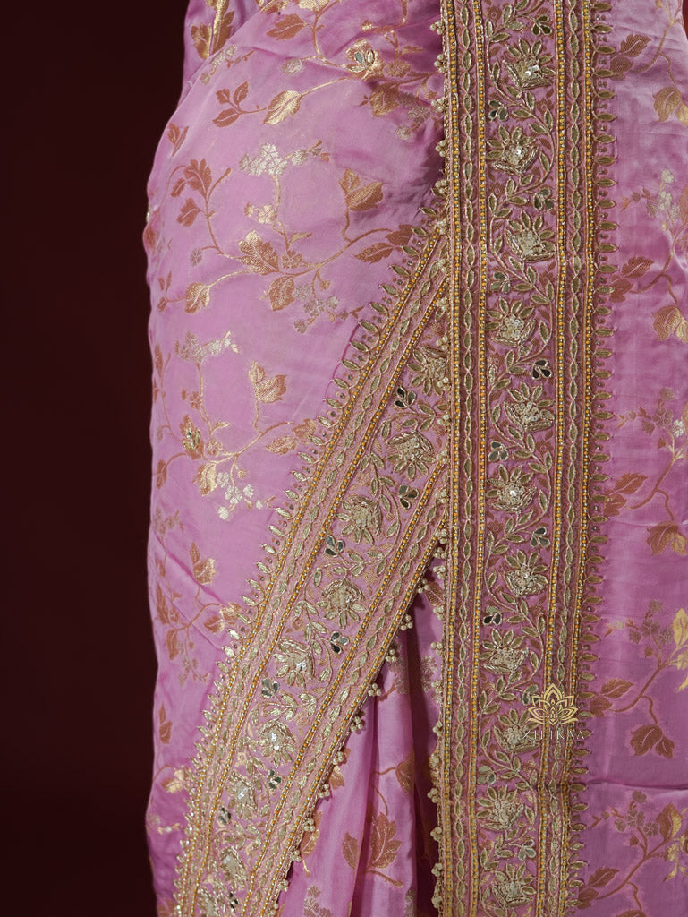 Baby Pink Zardozi Handwork Mulberry Banarasi Silk Saree