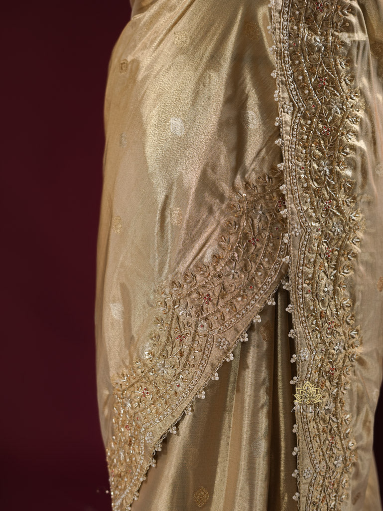 Ivory Gold Zardozi Hand Embroidery Kanchipuram Tissue Silk Saree