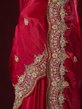 Rose Red Mulberry Silk Saree With Zardozi Scalloped Border