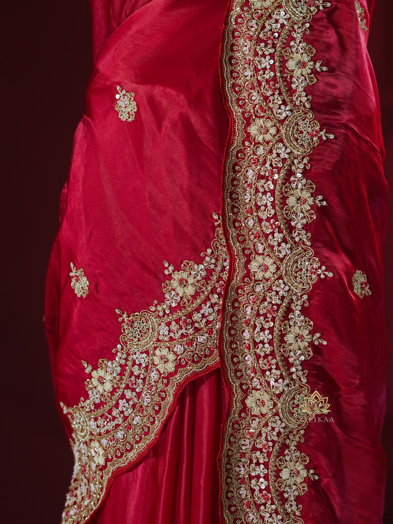 Rose Red Mulberry Silk Saree With Zardozi Scalloped Border