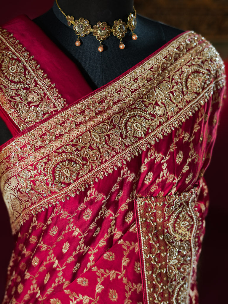 Calcutta Red Zardozi Pearl Handwork Mulberry Banarasi Silk Saree