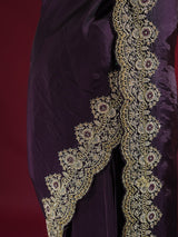 Plum Purple Munga Silk Saree With Zardozi Scalloped Border