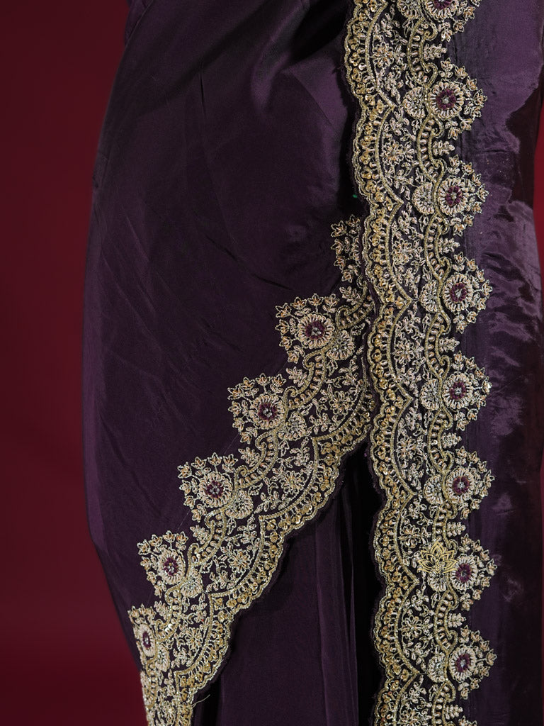 Plum Purple Munga Silk Saree With Zardozi Scalloped Border