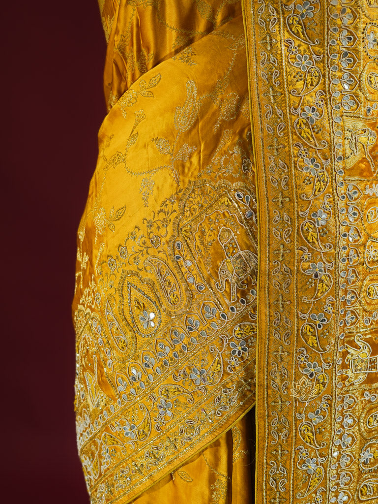 Mustard Yellow Zardozi Handwork Mulberry Banarasi Silk Saree
