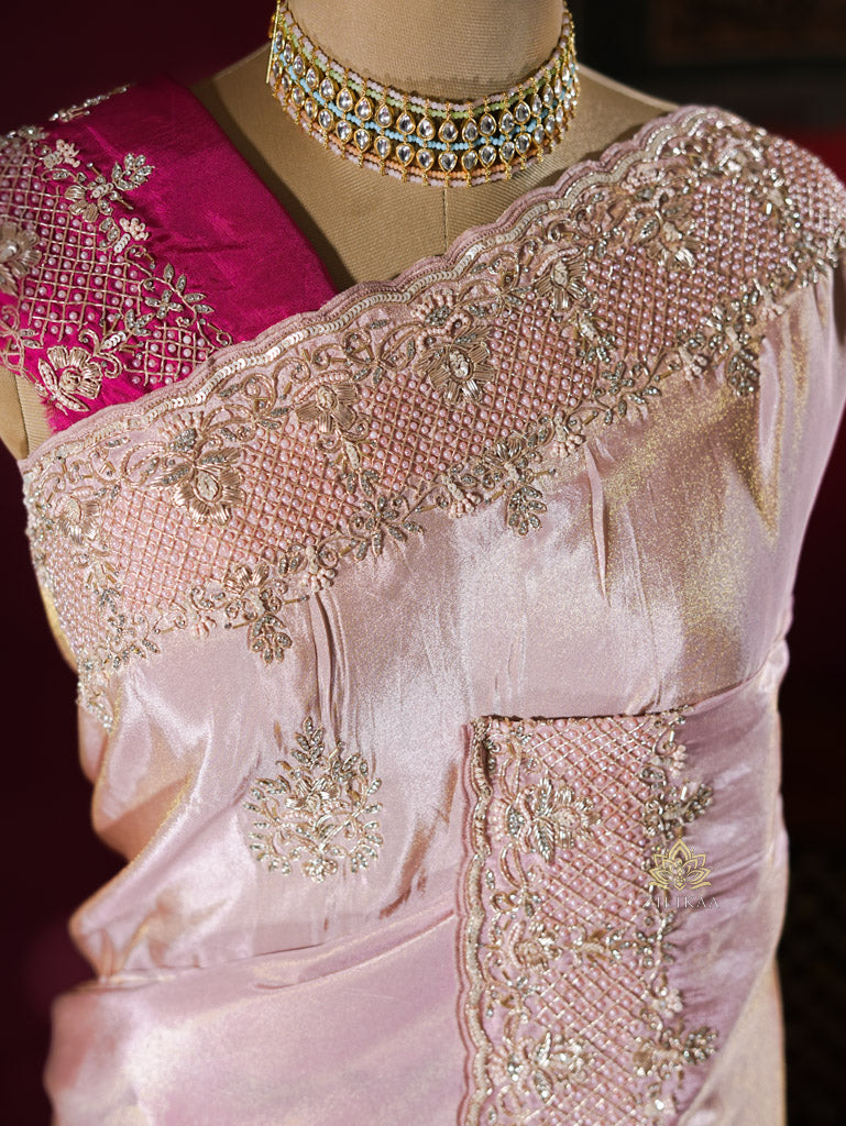 Pastel Pink Tissue Silk Saree with Zardozi Handwork