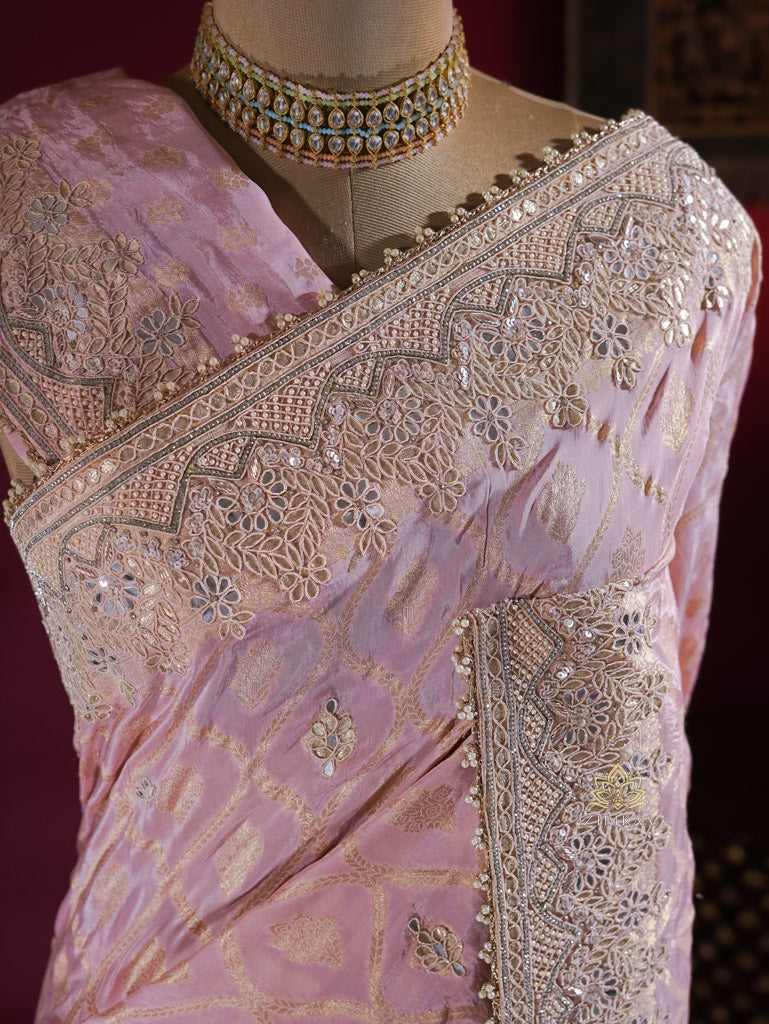 Baby Pink Zardozi Handwork Munga Banarasi SIlk Saree