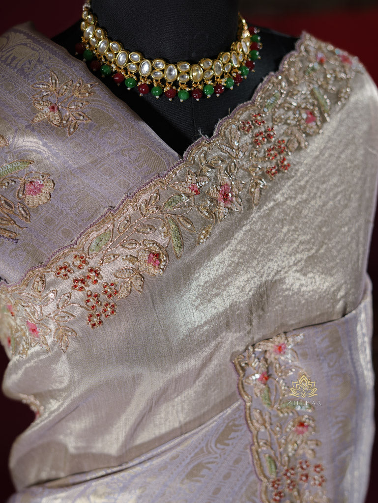 Lilac Purple Designer Hand Embroidery Kanchi Tissue Silk Saree