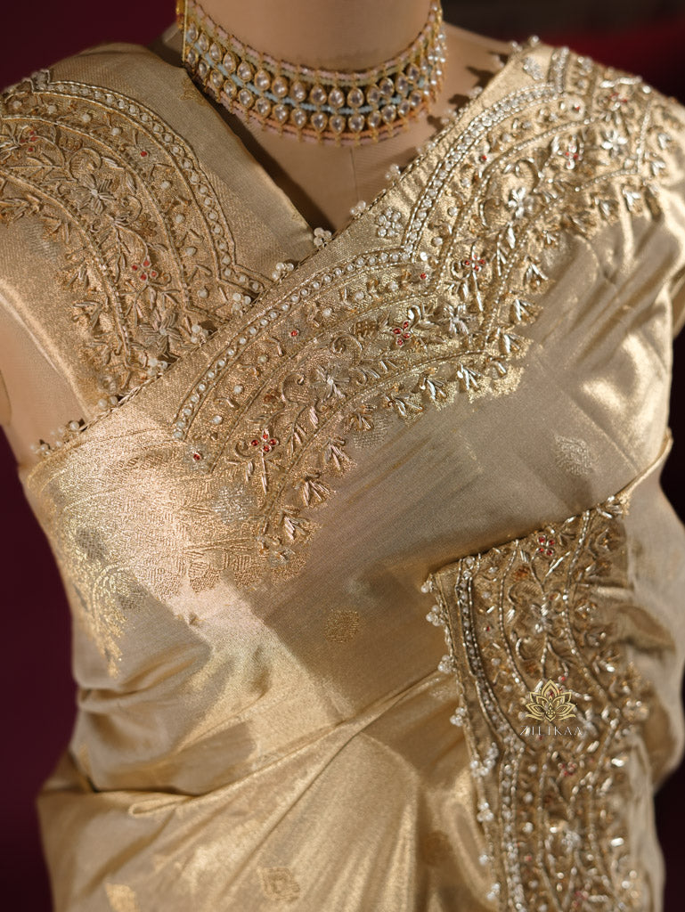 Ivory Gold Zardozi Hand Embroidery Kanchipuram Tissue Silk Saree
