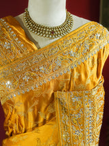 Mustard Yellow Zardozi Handwork Mulberry Banarasi Silk Saree
