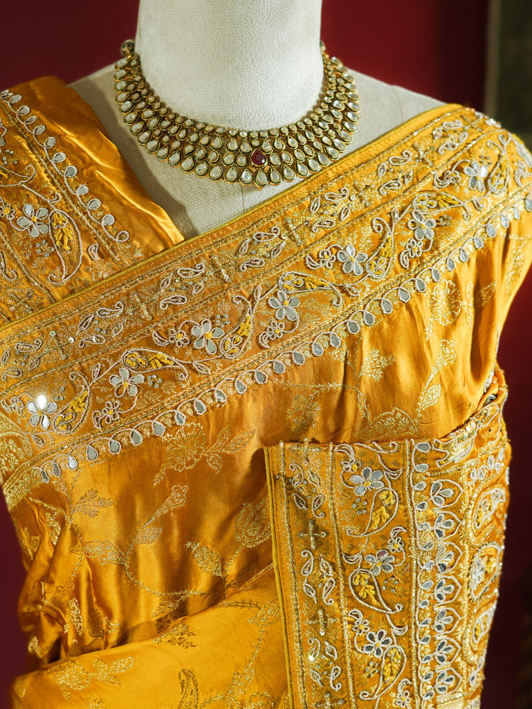 Mustard Yellow Zardozi Handwork Mulberry Banarasi Silk Saree