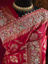 Calcutta Red Meenakari Banarasi Katan Silk Saree with Zardozi Handwork