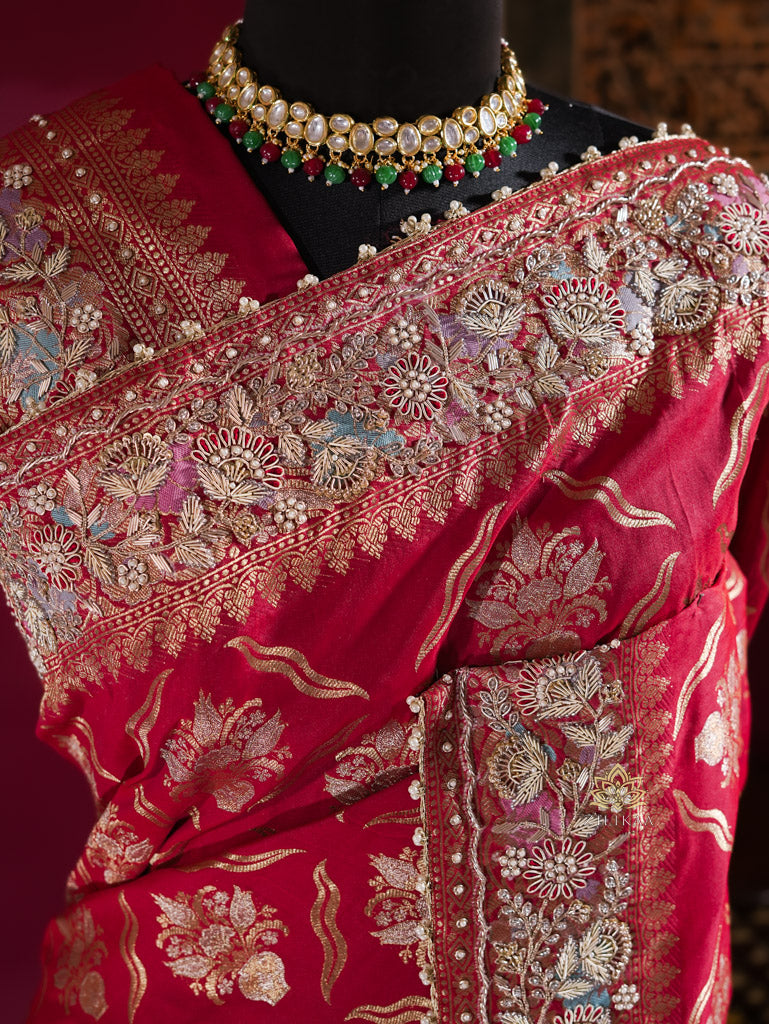 Calcutta Red Meenakari Banarasi Katan Silk Saree with Zardozi Handwork