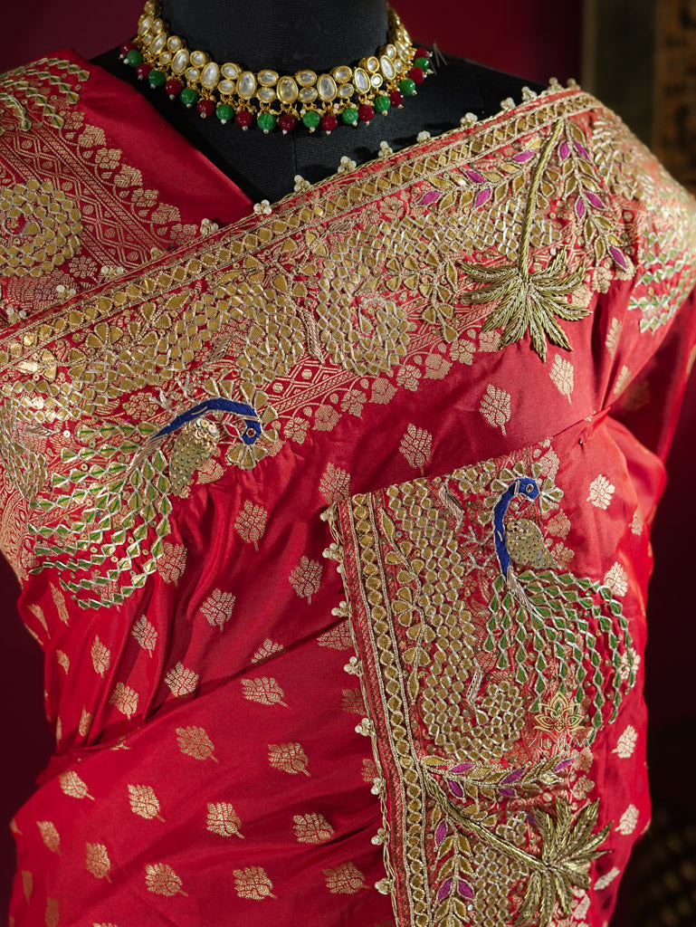 Red Special Banarasi Katan Silk Saree with Gotapatti Zardozi Handwork