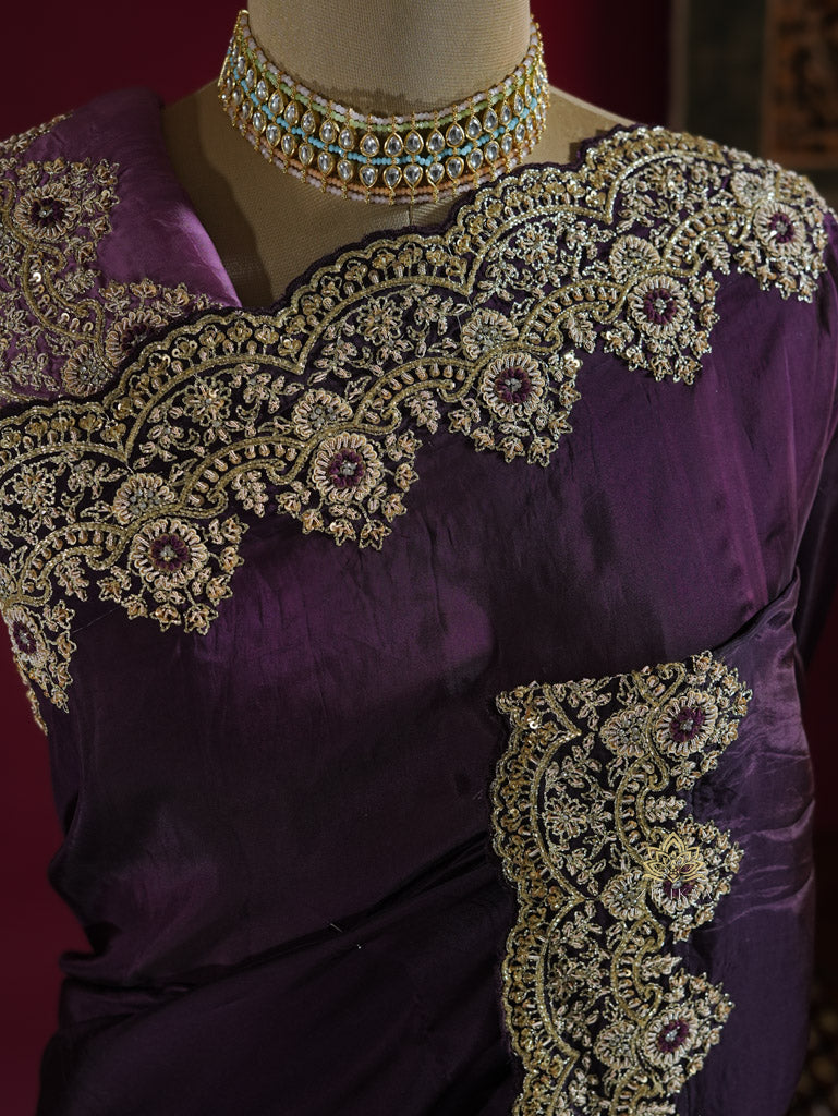 Plum Purple Munga Silk Saree With Zardozi Scalloped Border