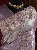 Lilac Purple Designer Hand Embroidery Kanchi Tissue Silk Saree