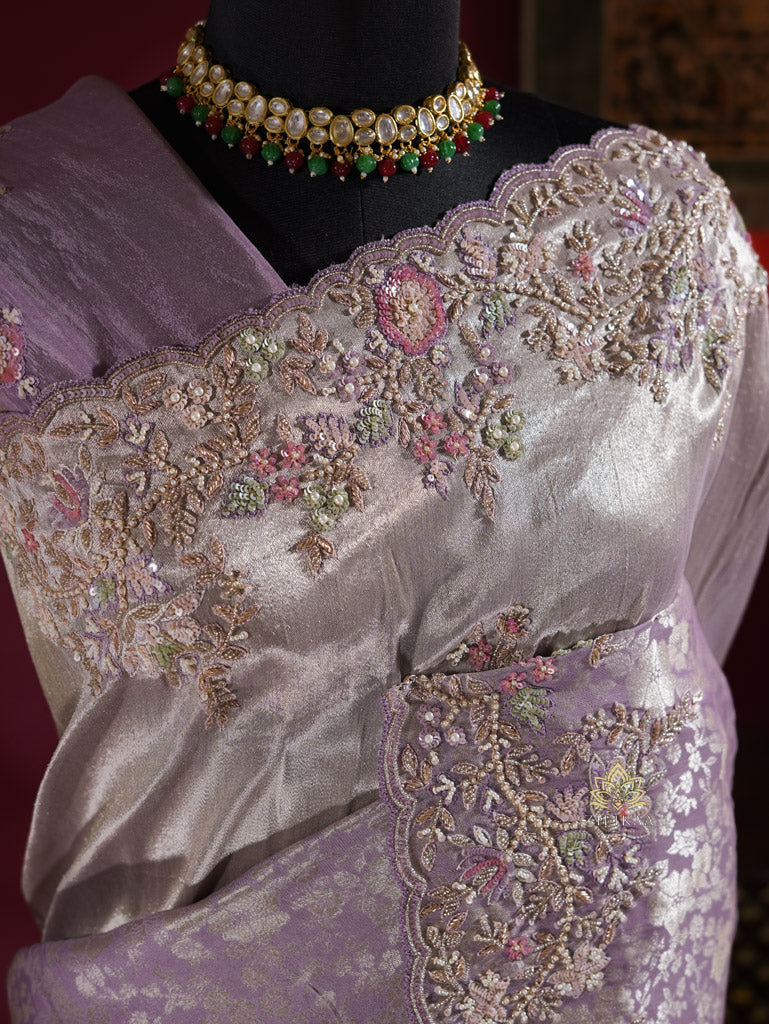 Lilac Purple Designer Hand Embroidery Kanchi Tissue Silk Saree