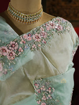 Ocean Green Hand Embroidery Organza Silk Saree