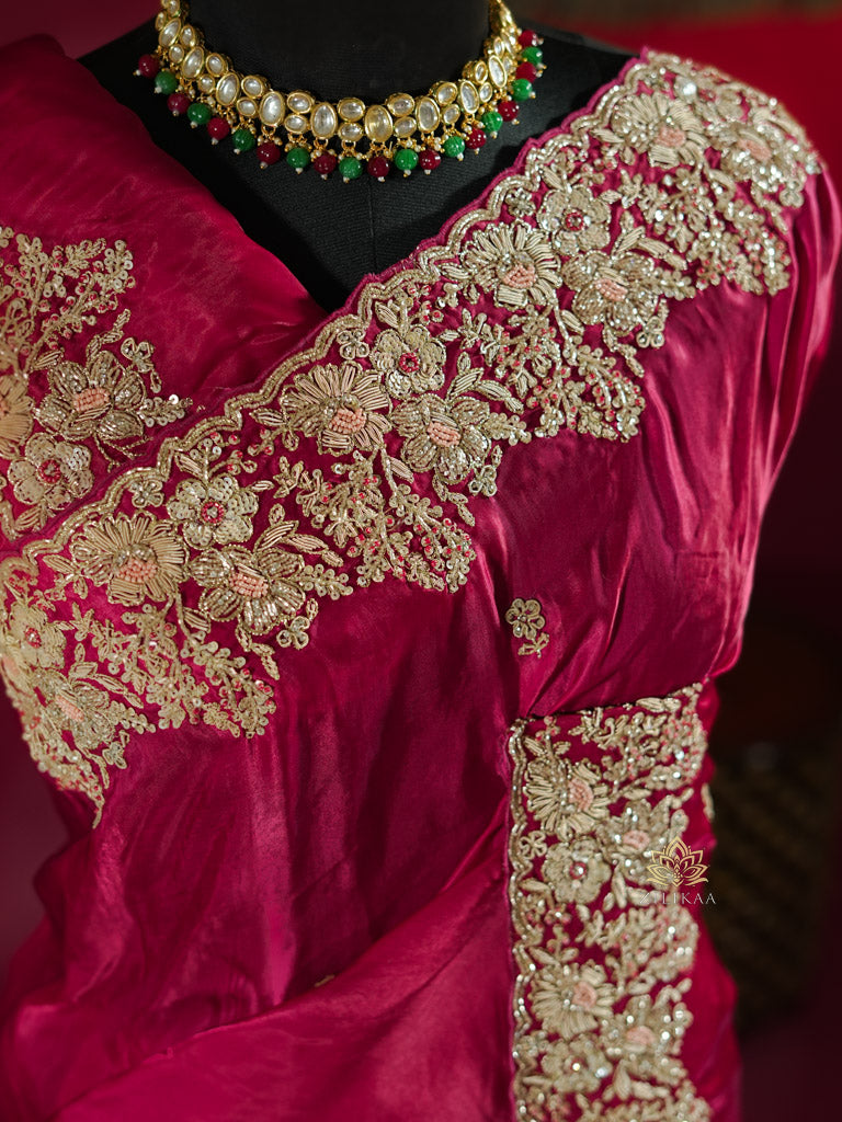 Queen Pink Mulberry Silk Saree With Zardozi Scalloped Border