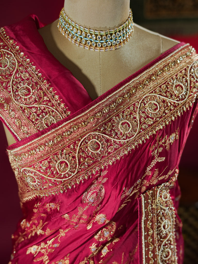 Calcutta Red Zardozi Handwork Mulberry Banarasi Silk Saree