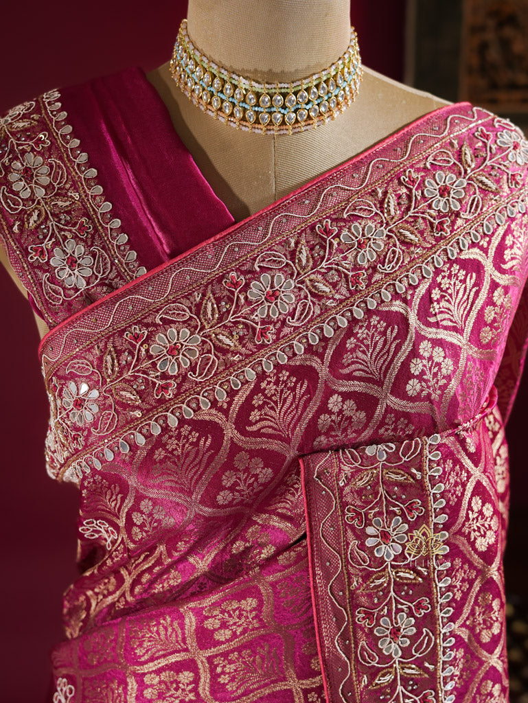 Queen Pink Zardozi Handwork Banarasi Silk Saree