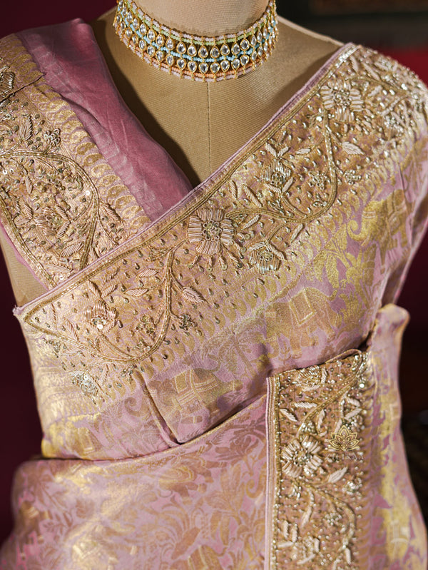 Pastel Pink Zardozi Handwork Kanchi Tissue Silk Saree