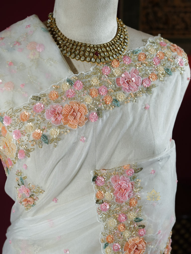 Pearl White Hand embroidery Organza Silk Saree