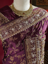 Plum Wine Zardozi Handwork Mulberry Banarasi Silk Saree