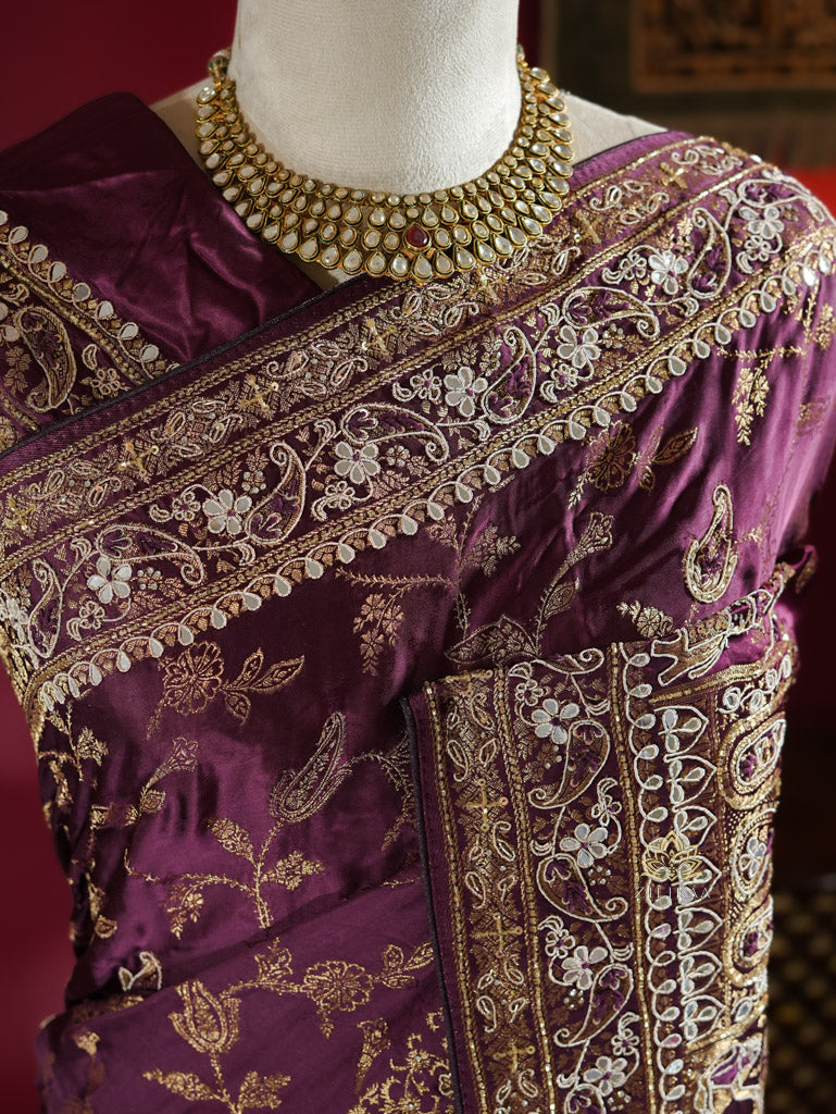 Plum Wine Zardozi Handwork Mulberry Banarasi Silk Saree
