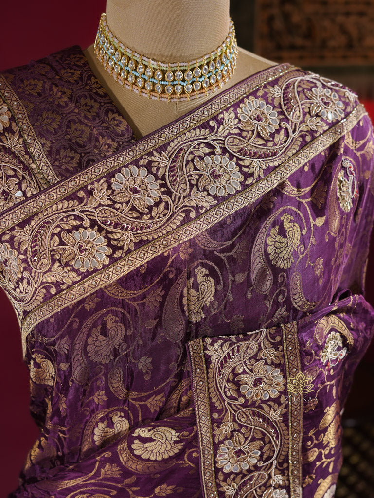 Plum Wine Zardozi Handwork Munga Banarasi Silk Saree