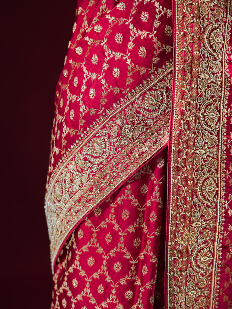 Calcutta Red Zardozi Pearl Handwork Mulberry Banarasi Silk Saree