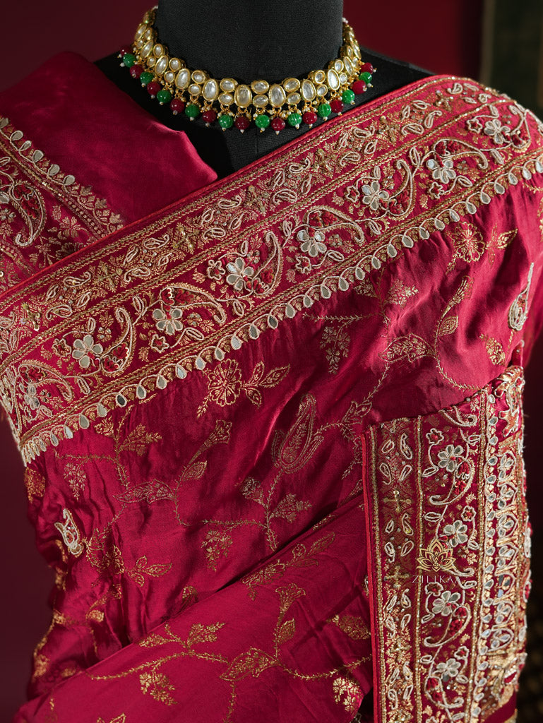 Calcutta Red Zardozi Handwork Mulberry Banarasi Silk Saree