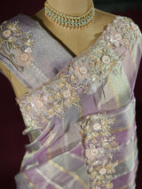 Lilac Purple Designer Hand Embroidery Rangkat Kanchi Tissue Silk Saree