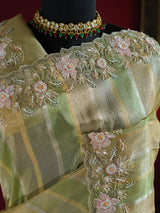 Parrot Green Designer Hand Embroidery Rangkat Kanchi Tissue Silk Saree