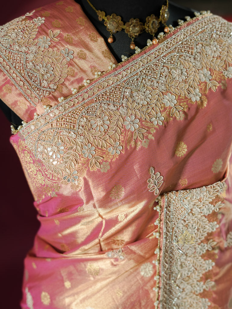 Salmon Pink Zardozi Hand Embroidery Kanchipuram Tissue Silk Saree